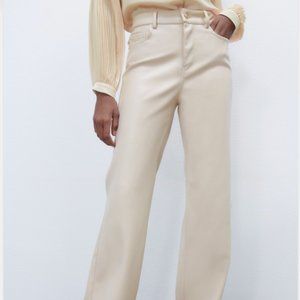 Zara Straight Leg Faux Leather Pants High Waisted Cream White NWOT